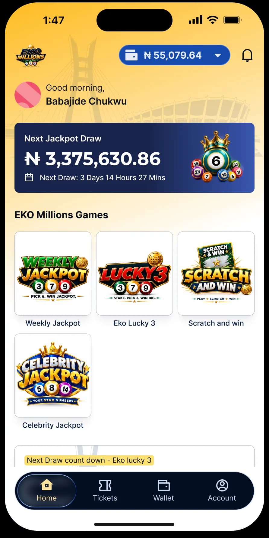 The Eko Millions app: Home